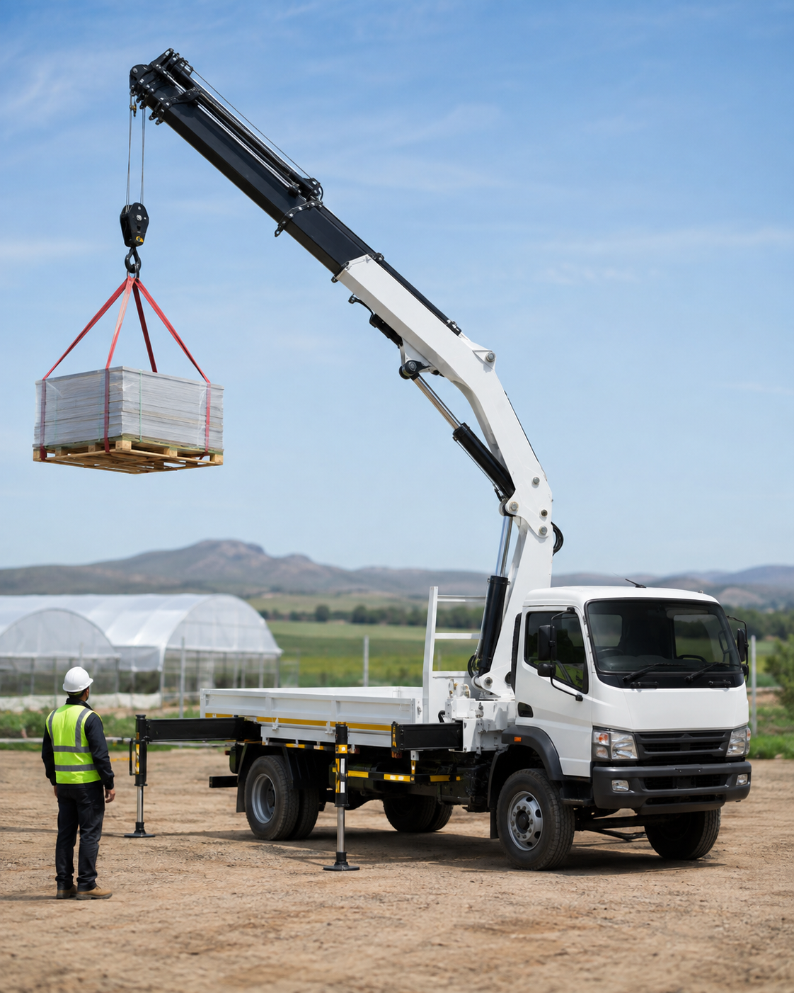 Crane truck lifting equipment on site