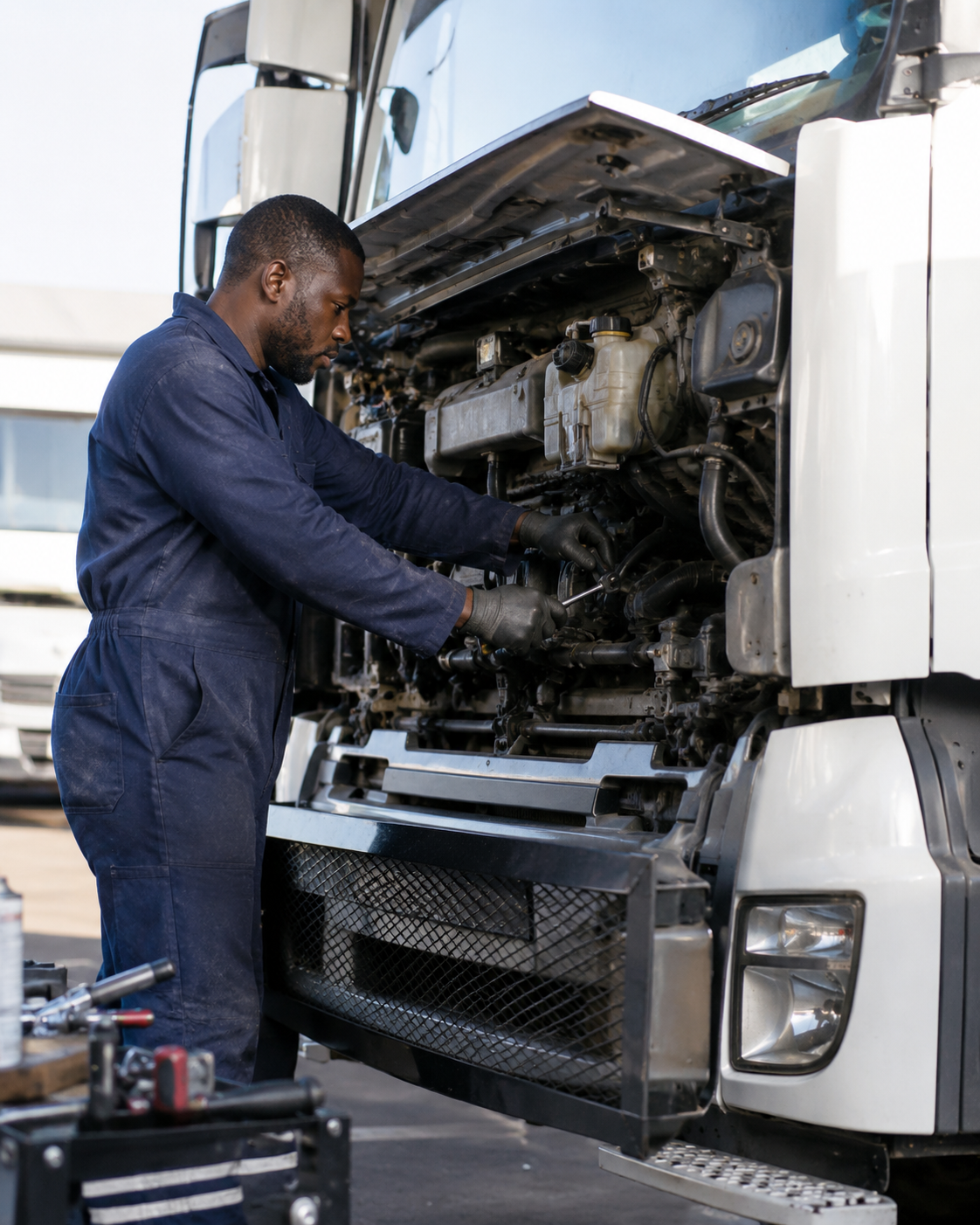 Diesel mechanic carrying out fleet maintenance