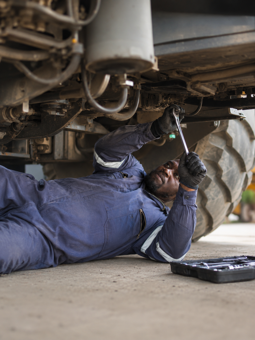 African diesel mechanic working beneath the chassis of heavy machinery