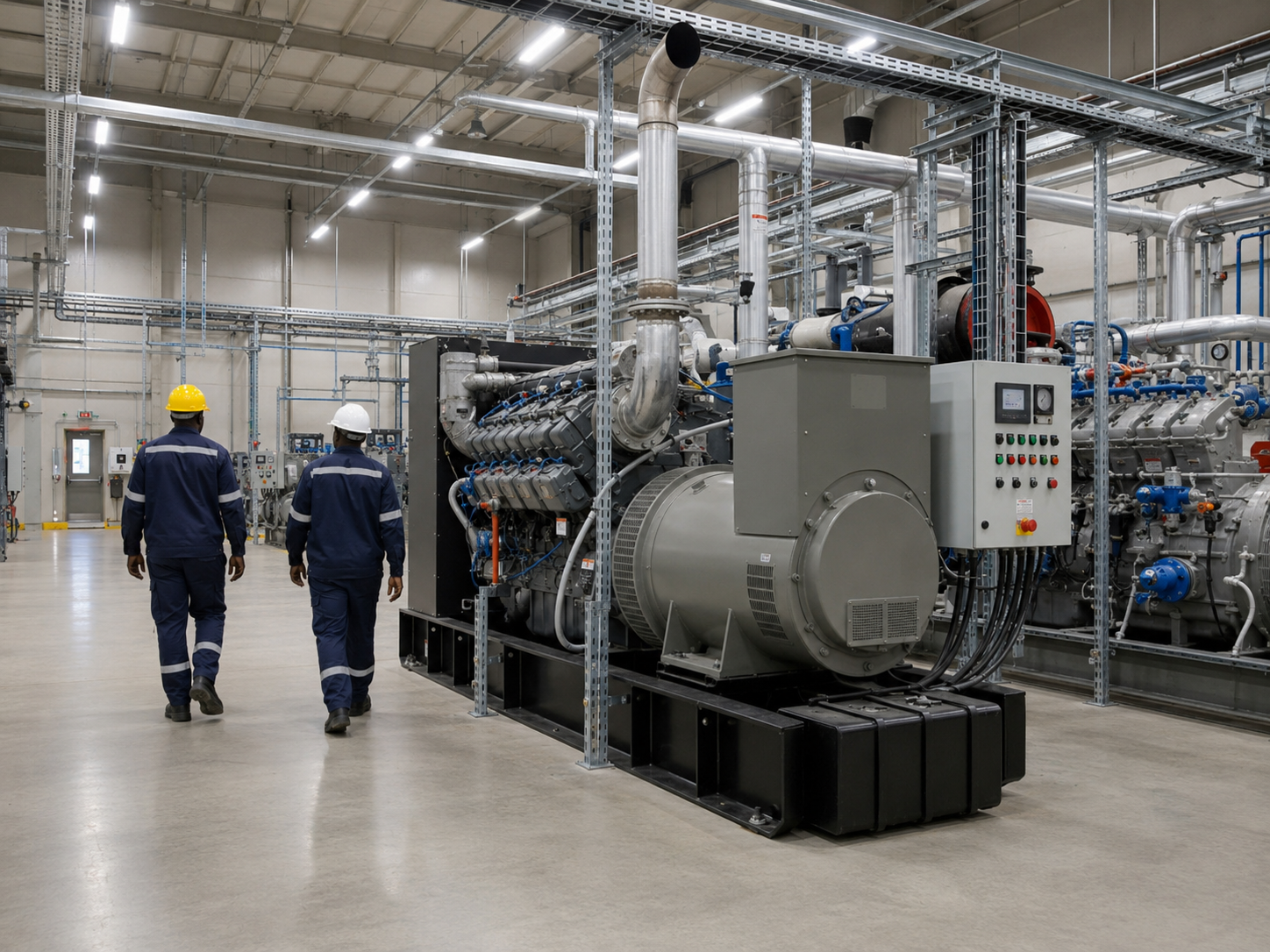 Technician servicing and inspecting a commercial generator