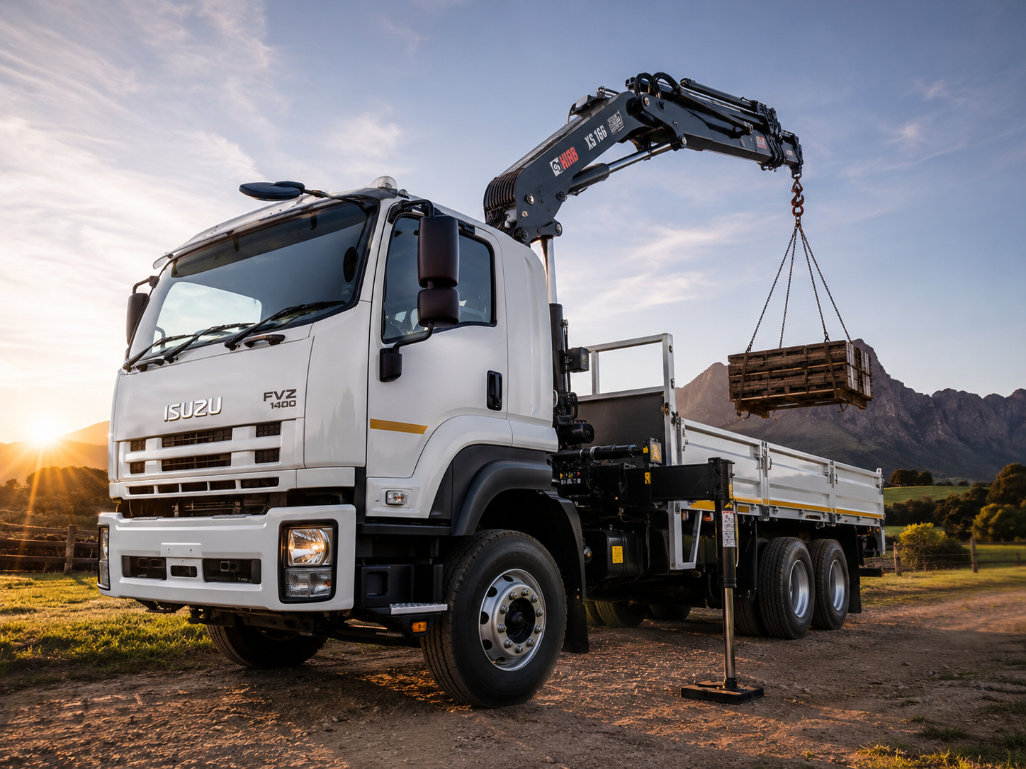 Isuzu FVZ 1400 crane truck lifting a load on a rural worksite