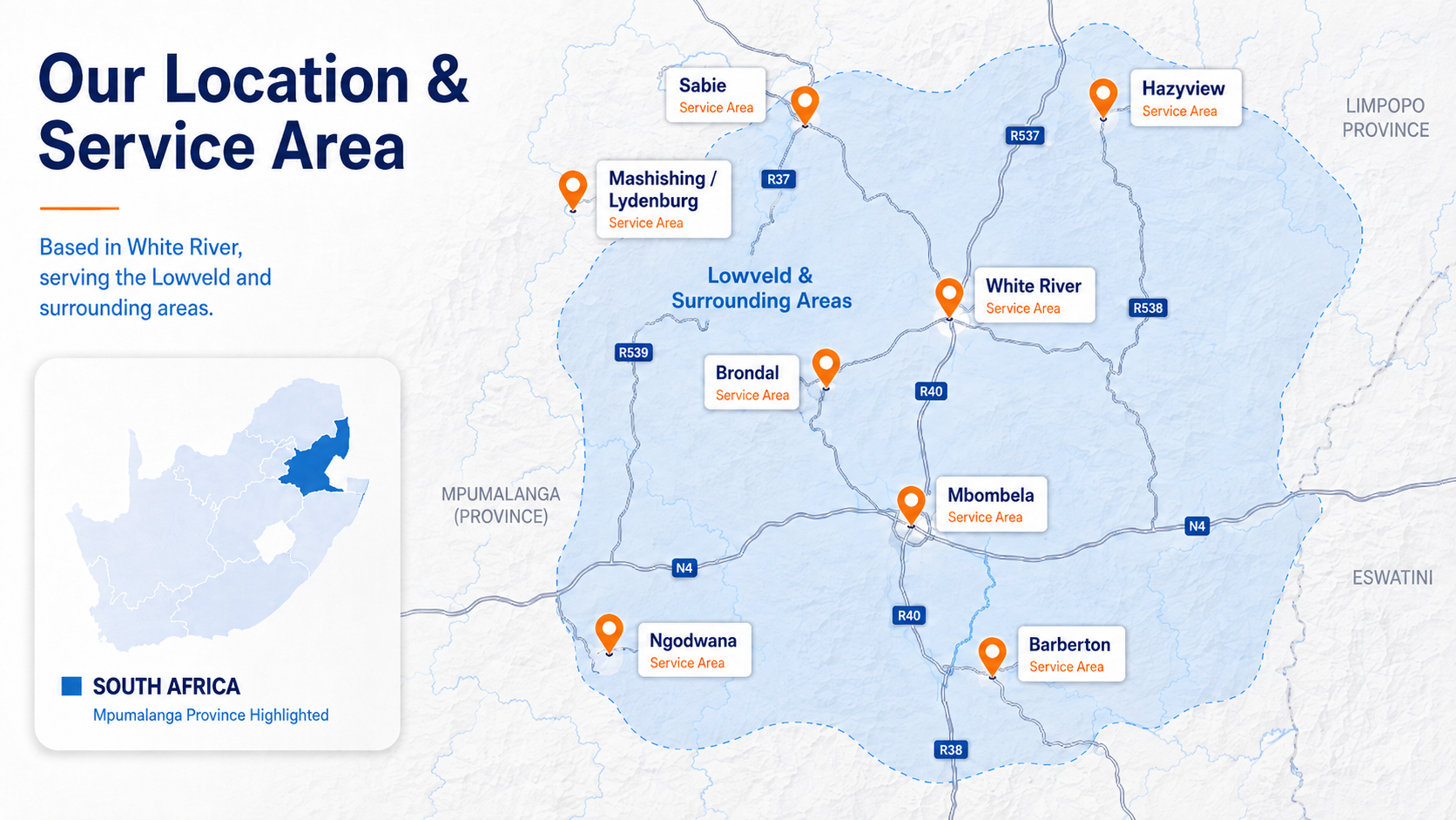 Service area map showing Mobile Farm and Field Services coverage across White River, Mbombela, Hazyview, Sabie, Brondal, Ngodwana, Barberton and Mashishing Lydenburg