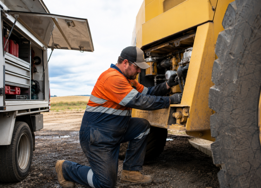Field mechanic carrying out maintenance on heavy machinery at a worksite